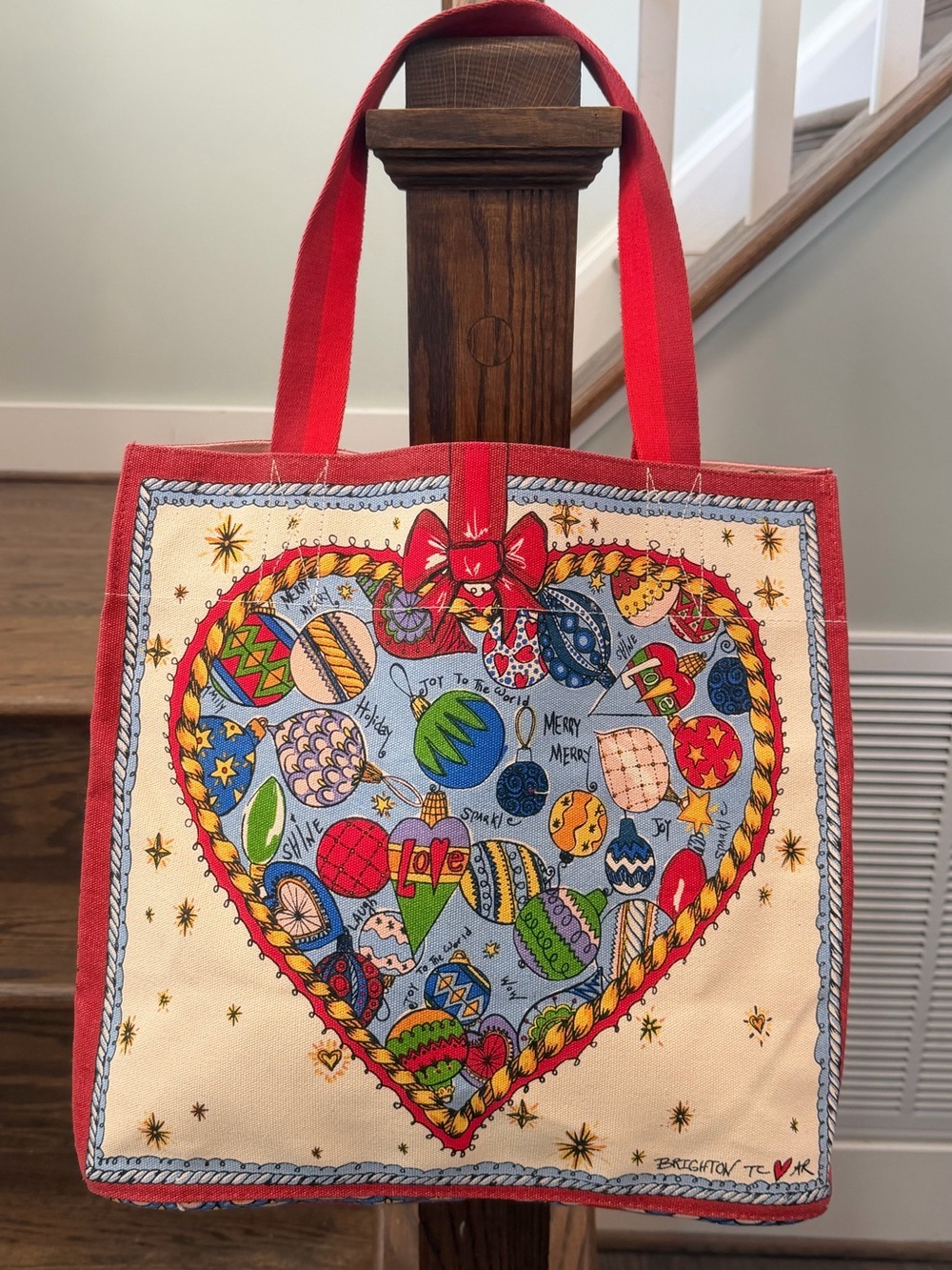 Brighton Love Heart Holiday Tote Bag Canvas Reversible Shopper Red Handles - Picture 2 of 13